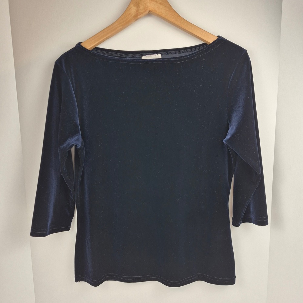 Vtg 90s Jonden by Linda Leal Velvet Top Large Navy Blue Boat Neck 3/4 Sleeve USA